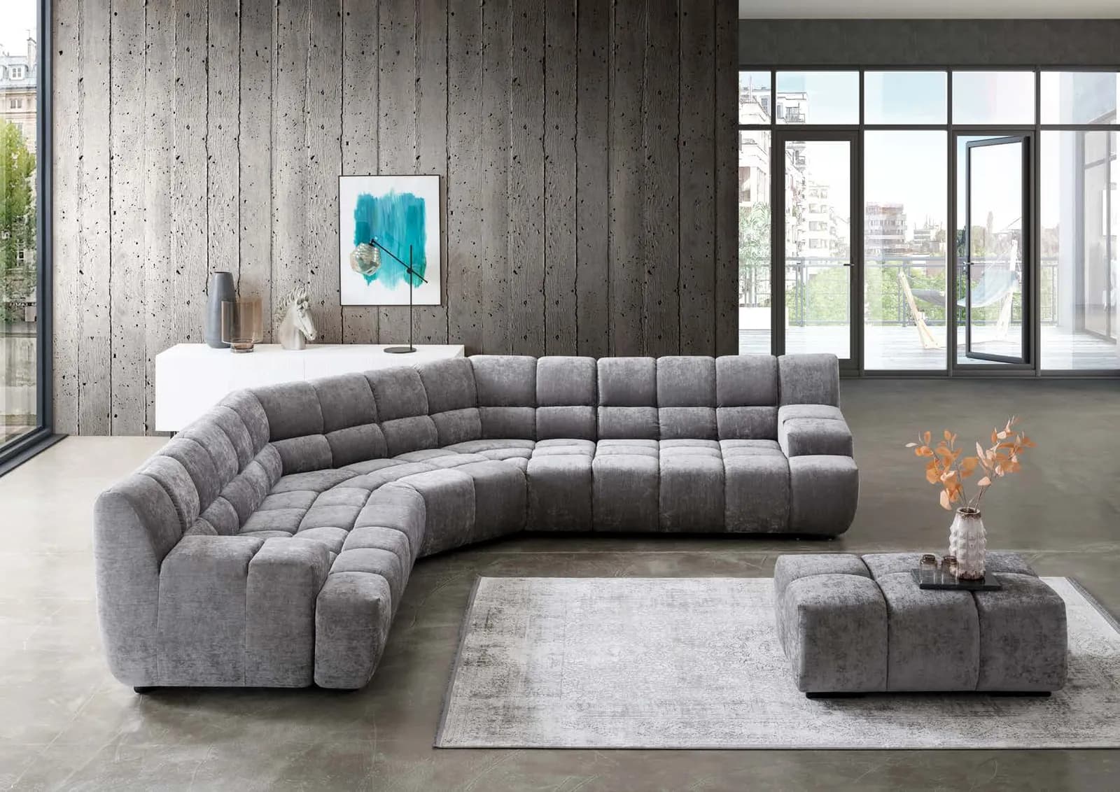 Cielo by designwerk, shown as Cielo element 105 armrest left + trapeze corner + trapeze corner + element 105 armrest right + stool