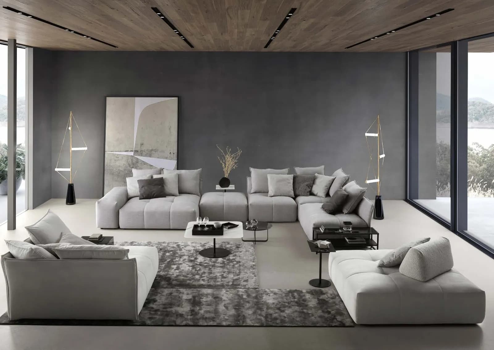 Palace by designwerk, shown as Palace armrest long + REC without armrest + stool + element without armrest + corner + element wide without armrest + megastool