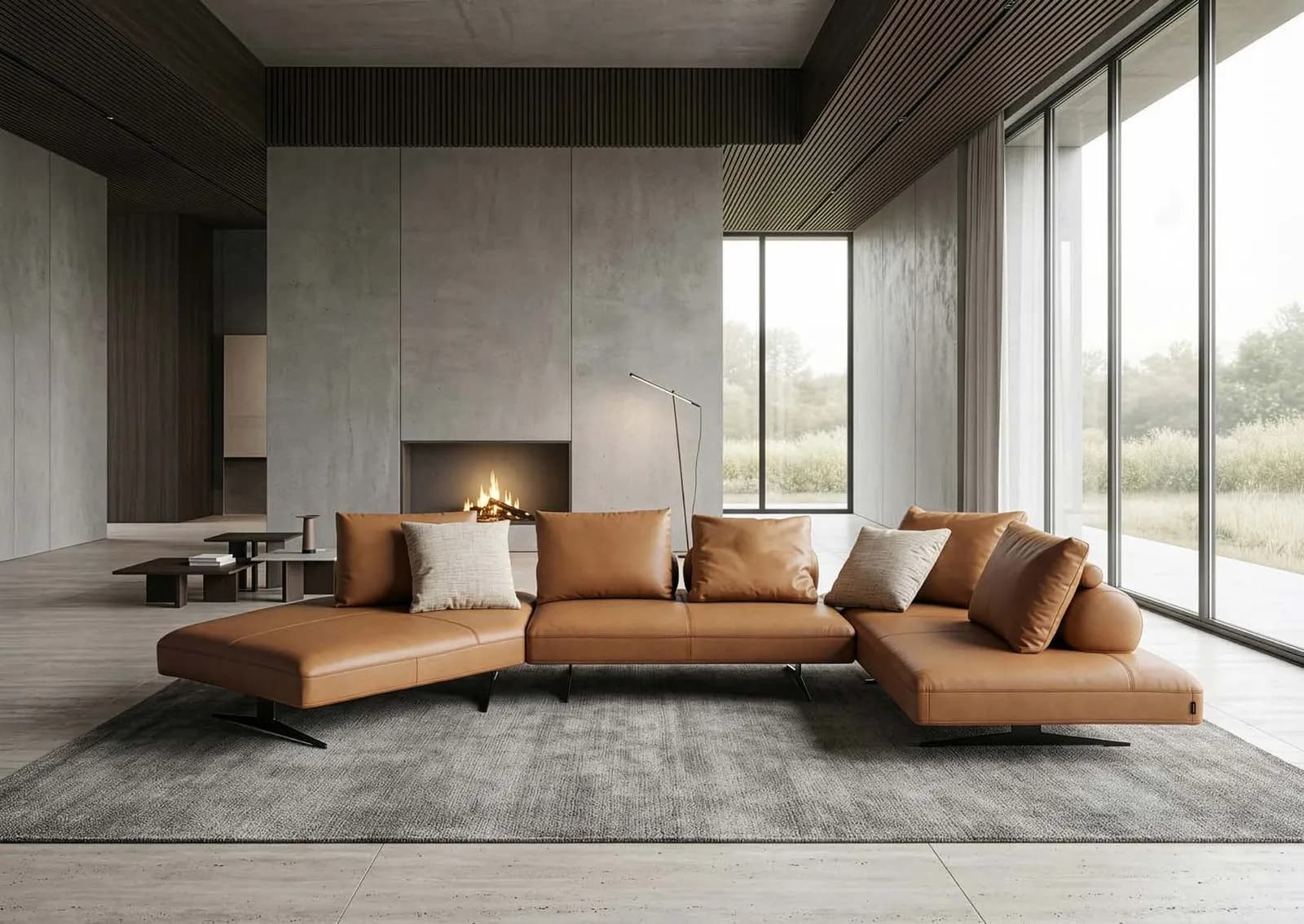 Valena by designwerk, shown as Valena trapeze corner + 1.5-element + 2-element + 5 backs + 2 corner cushions + 3 cushions with a roll