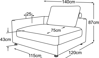 Element 120 deep armrest left, drawn to scale with dimensions