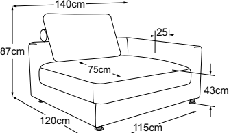 Element 120 deep armrest right, drawn to scale with dimensions