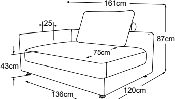 Element 140 deep armrest left, drawn to scale with dimensions