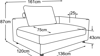 Element 140 deep armrest right, drawn to scale with dimensions