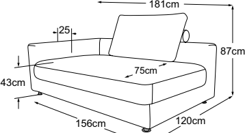 Element 160 deep armrest left, drawn to scale with dimensions