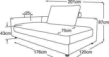 Element 180 deep armrest left, drawn to scale with dimensions