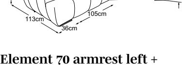 Element 70 armrest left + trapeze corner + element 70 armrest right, drawn to scale with dimensions