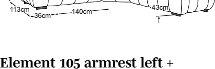 Element 105 armrest left + 2x trapeze corner + element 105 armrest right, drawn to scale with dimensions