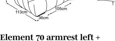 Element 70 armrest left + trapeze corner + element 70 armrest right incl. MBA, drawn to scale with dimensions