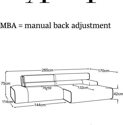 2HT left + REC armrest right incl. MBA, drawn to scale with dimensions