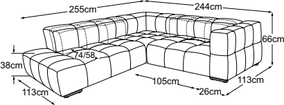 2HT left (MBA) + corner + element 105 armrest right (MBA), drawn to scale with dimensions