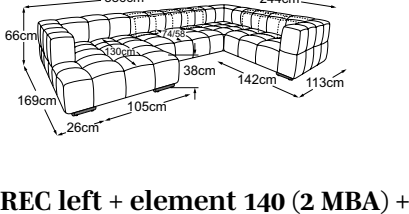 REC left + element 140 (2 MBA) + corner + element 105 armrest right (MBA), drawn to scale with dimensions