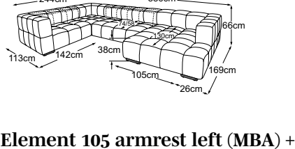 Element 105 armrest left (MBA) + corner + element 140 (2 MBA) + REC right, drawn to scale with dimensions