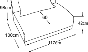 Element without armrest incl. 1 cushion, drawn to scale with dimensions