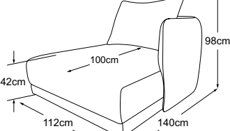 Longchair right incl. 1 cushion, drawn to scale with dimensions