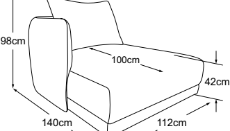 Longchair left incl. 1 cushion, drawn to scale with dimensions