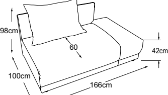 2HT right incl. 1 cushion, drawn to scale with dimensions