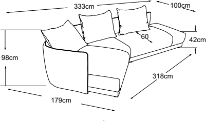 REC left + 2HT right incl. 3 cushions, drawn to scale with dimensions