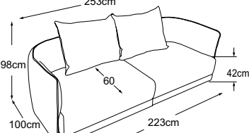 Megasofa incl. 2 cushions, drawn to scale with dimensions