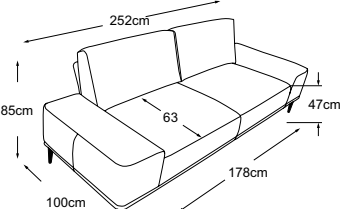 3-sofa, drawn to scale with dimensions
