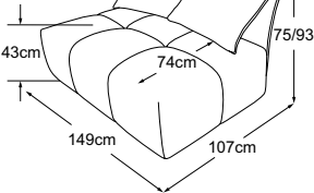 Element wide without armrest incl. 1 cushion A & 1 cushion B, drawn to scale with dimensions