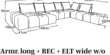 Armr. long + REC + ELT wide w/o armr. + corner + ELT w/o armr. + stool incl. 4 cush. A & 3 cush. B, drawn to scale with dimensions