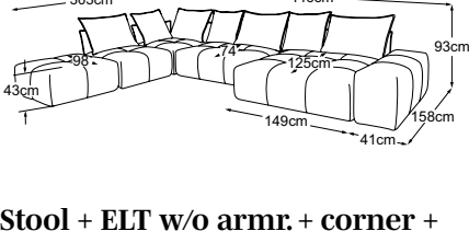 Stool + ELT w/o armr. + corner + ELT wide w/o armr. + REC + armr. long incl. 4 cush. A & 3 cush. B, drawn to scale with dimensions