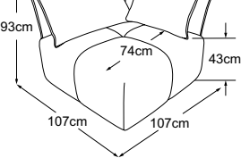 Corner left incl. 1 cushion A & 1 cushion B, drawn to scale with dimensions