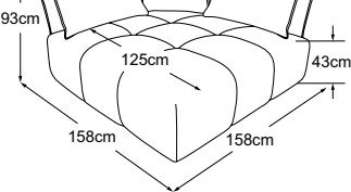 Corner-element Maxi right incl. 2 cushions A & 1 cushion B, drawn to scale with dimensions