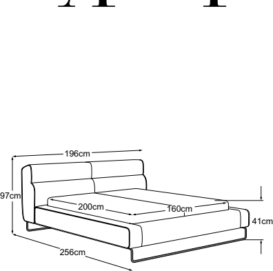 Pantheon upholstered bed 160x200, drawn to scale with dimensions