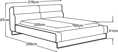 Pantheon upholstered bed 180x200, drawn to scale with dimensions