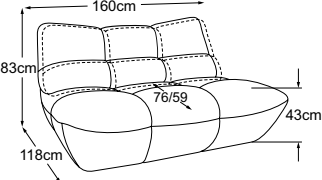 2-sofa incl. 1 MBA, drawn to scale with dimensions