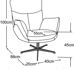 Prima armchair, drawn to scale with dimensions