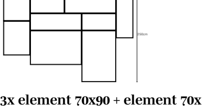 3x element 70x90 + element 70x 135 + 2x element 90x135 + armrest 135 + back 90 + back 135, drawn to scale with dimensions