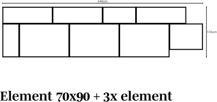 Element 70x90 + 3x element 90x135 + armrest 90 + back 90 + 3x back 135, drawn to scale with dimensions