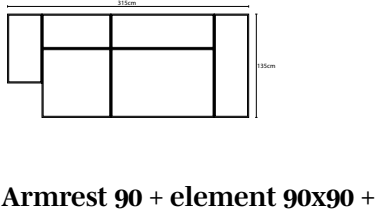 Armrest 90 + element 90x90 + element 90x135 + armrest 135 + back 90 + back 135, drawn to scale with dimensions