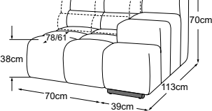 Element 70 armrest right incl. 1 MBA, drawn to scale with dimensions
