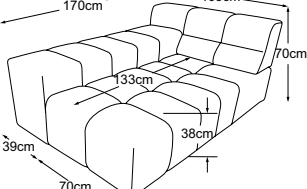 Longchair armrest left, drawn to scale with dimensions
