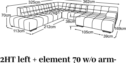 2HT left + element 70 w/o armrest + corner + element 105 w/o armrest + REC right incl. 3 MBA, drawn to scale with dimensions