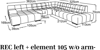 REC left + element 105 w/o armrest + corner + element 70 w/o armrest + 2HT right incl. 3 MBA, drawn to scale with dimensions