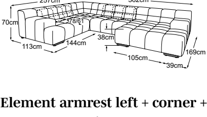 Element armrest left + corner + element 105 without armrest + REC right incl. 2 MBA, drawn to scale with dimensions