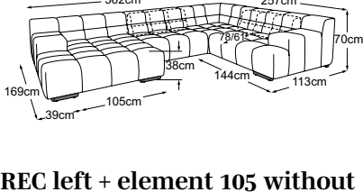 REC left + element 105 without armrest + corner + element armrest right incl. 2 MBA, drawn to scale with dimensions