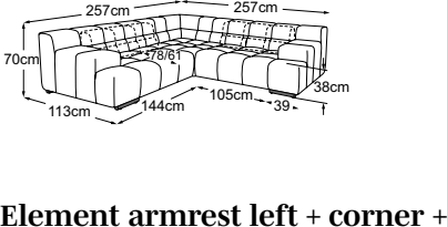 Element armrest left + corner + element armrest right incl. 2 MBA, drawn to scale with dimensions