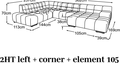 2HT left + corner + element 105 without armrest + REC right incl. 2 MBA, drawn to scale with dimensions