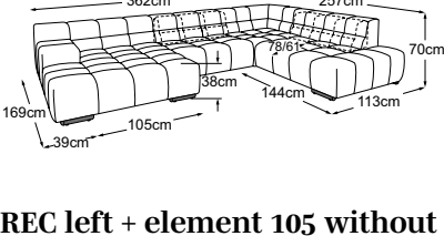 REC left + element 105 without armrest + corner + 2HT right incl. 2 MBA, drawn to scale with dimensions